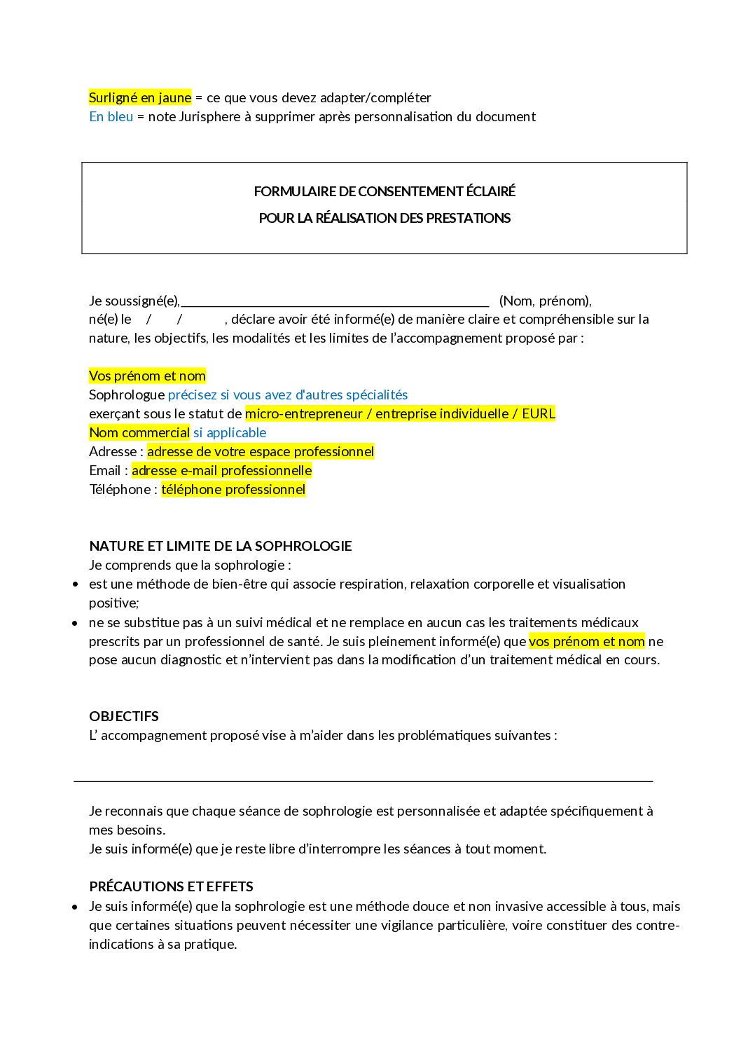 Consentement éclairé pour la réalisation des prestations - Sophrologue