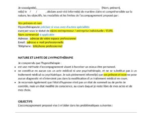 Consentement éclairé pour la réalisation des prestations - Hypnothérapeute