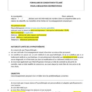 Consentement éclairé pour la réalisation des prestations - Hypnothérapeute