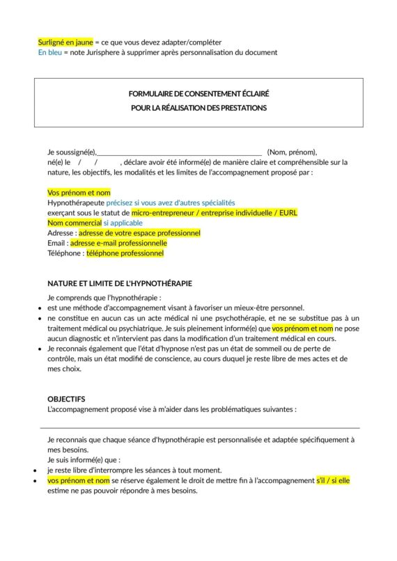 Consentement éclairé pour la réalisation des prestations - Hypnothérapeute