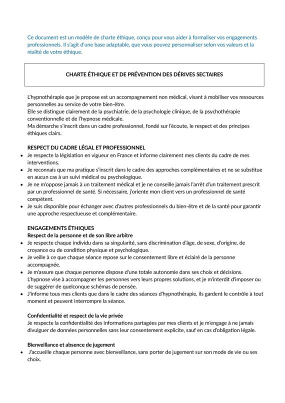 Charte éthique hypnothérapeute
