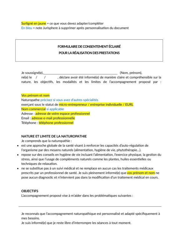 Consentement éclairé pour la réalisation des prestations - Naturopathe